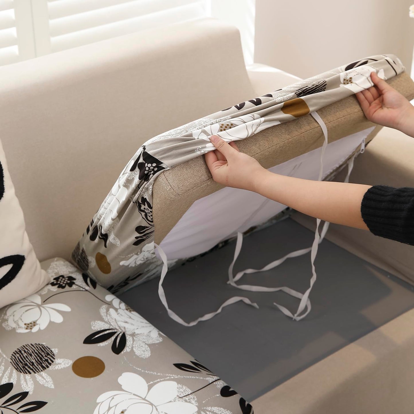 140 GSM Stretchable Printed Elastic Sofa Cushion Seat Cover for 1 /2 /3 Seaters / Pieces for Sofa, Feather Brown Floral