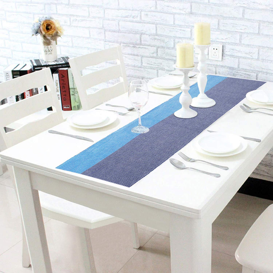 Buy Blue Colour Cotton Ribbed Table Runner Online - HOKIPO | Har Ghar ka Humsafar