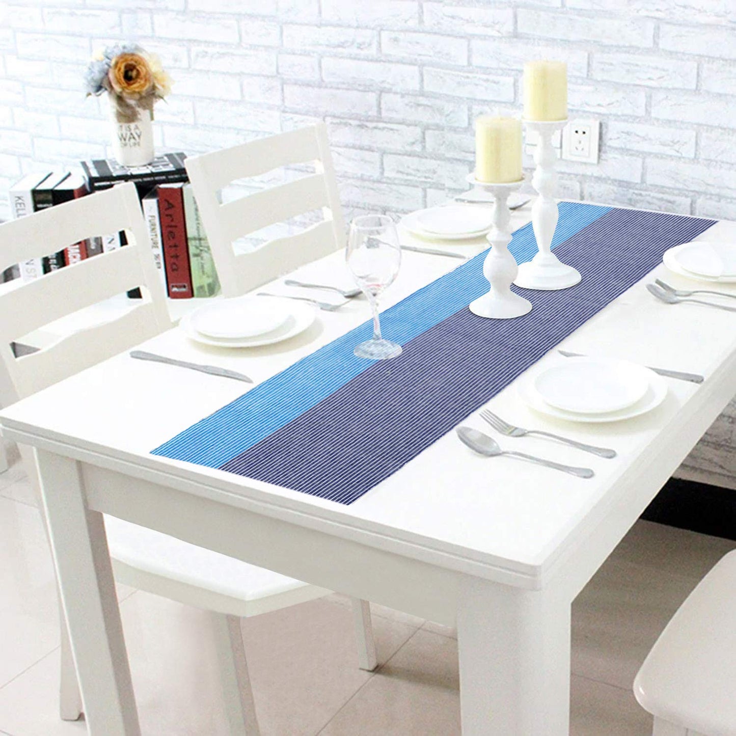 Cotton Ribbed Washable Table Runner for Dining Table 4 Seater, 12x54 Inches, Blue
