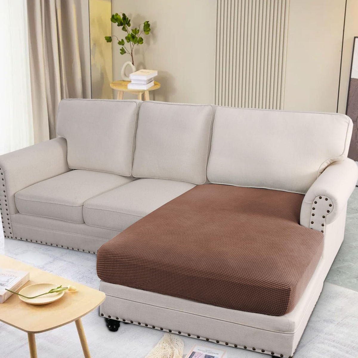 Stretchable Thick Jacquard Textured Seat Cushion Cover for 1/2/3 Seaters / Pieces for Sofa, Brown