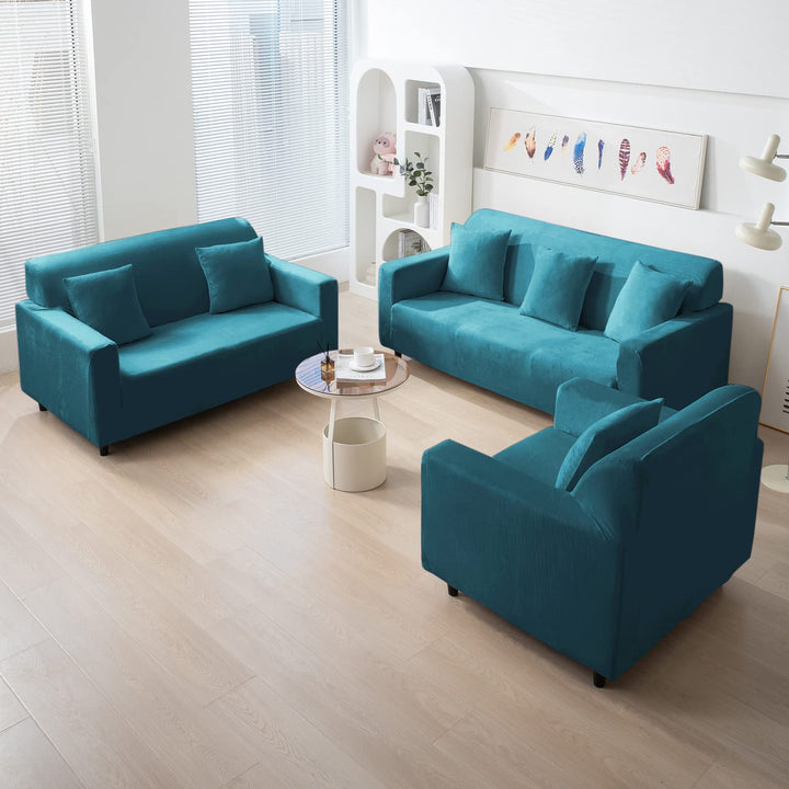 Turquoise elastic stretchable velvet sofa cover set available for 1, 2, 3, 4, 5, 6 & 7 seater sofas