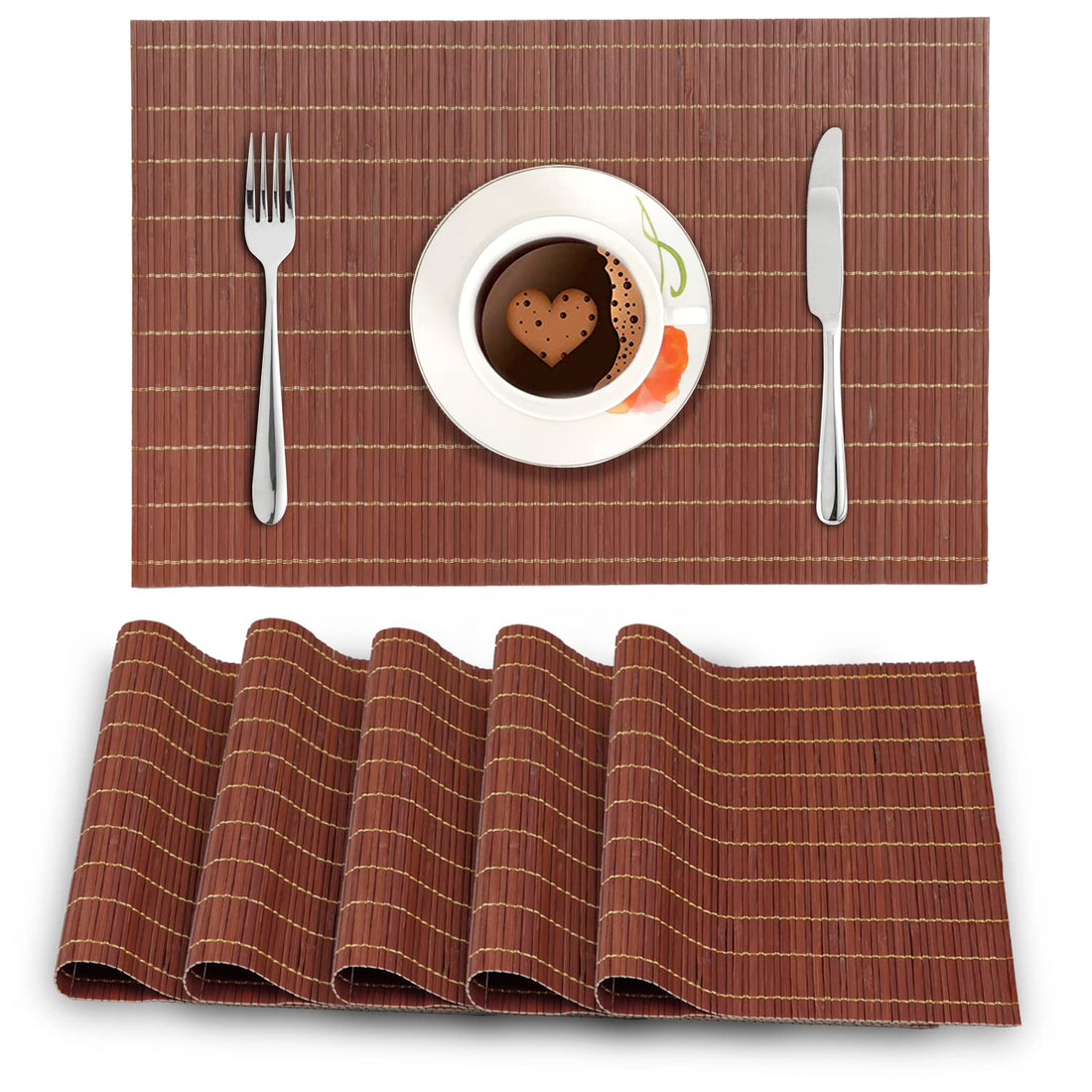 Heat Resistant Bamboo Placemats Set of 6 Dining Table Mats, 45x30 cm, Cinnamon Brown