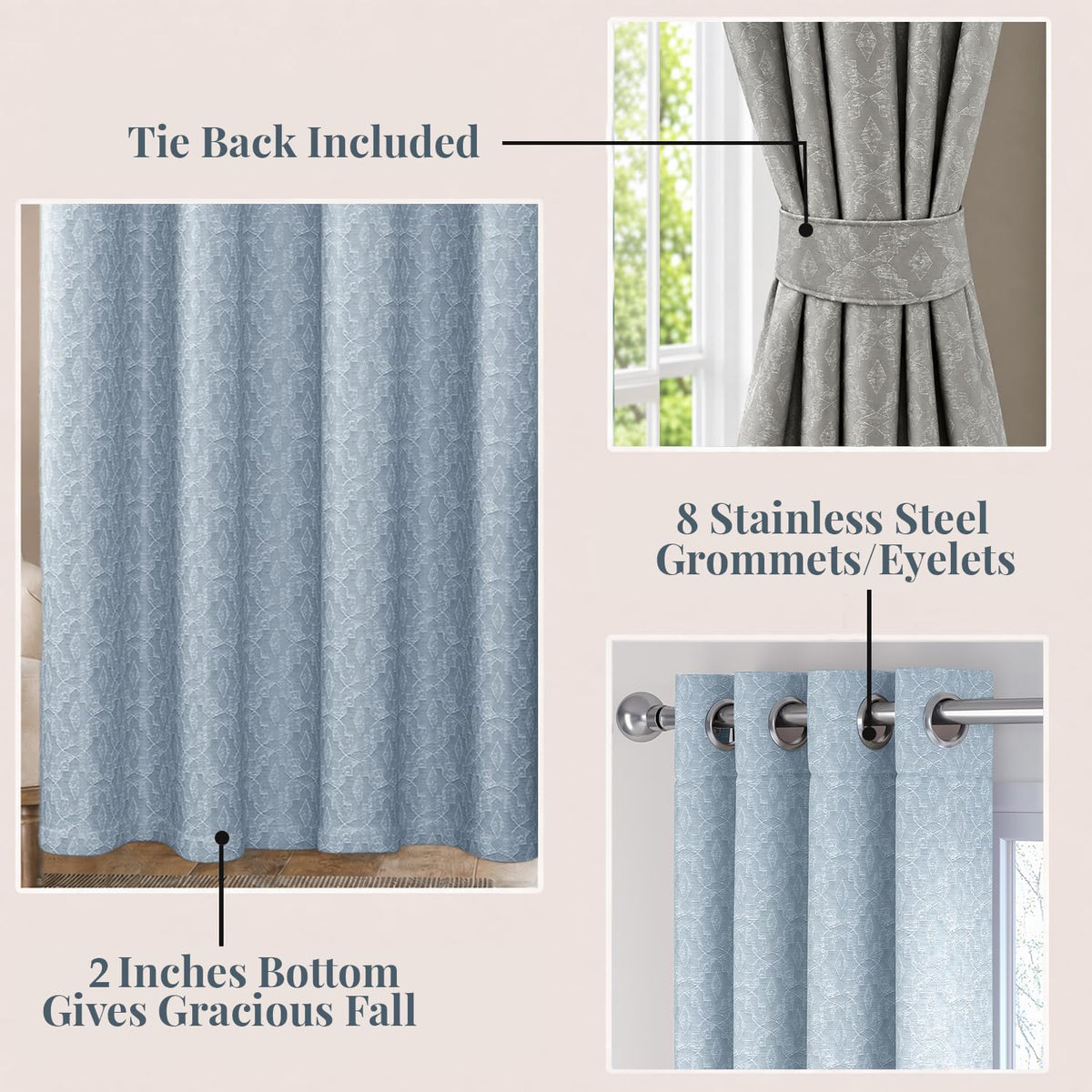 HOKIPO Marrakesh Jacquard Eyelet Curtains, 7 Feet Long - Ice Blue - image 4