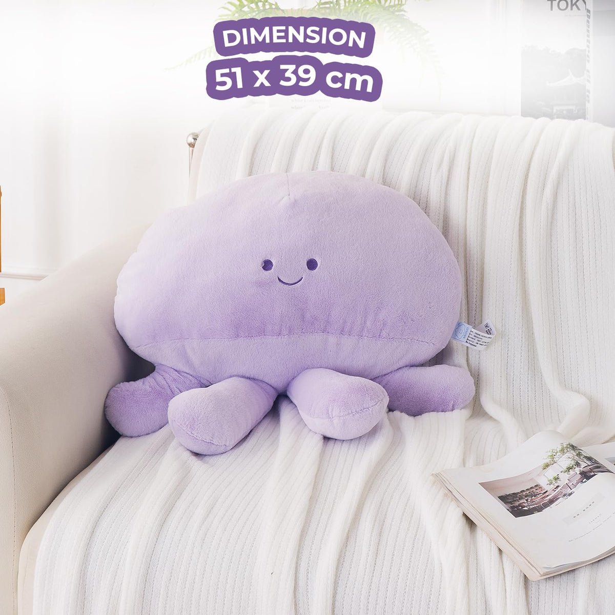 HOKIPO Octopus Shaped Cushion for Kids Room & Nursery, 51x39 cm, Purple