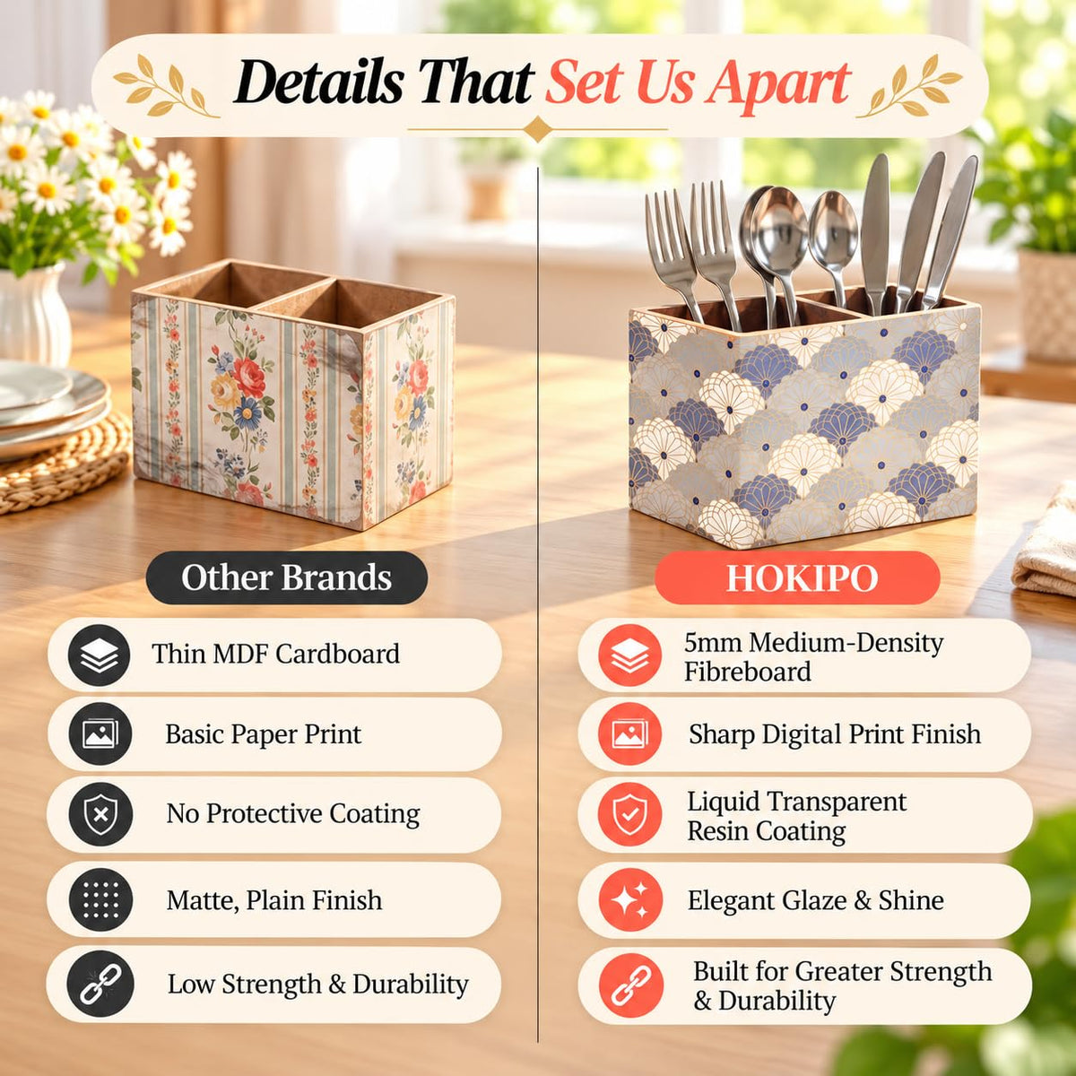 HOKIPO Cutlery Holder for Dining Table, Engineered Wood, Indigo Flora - image 3