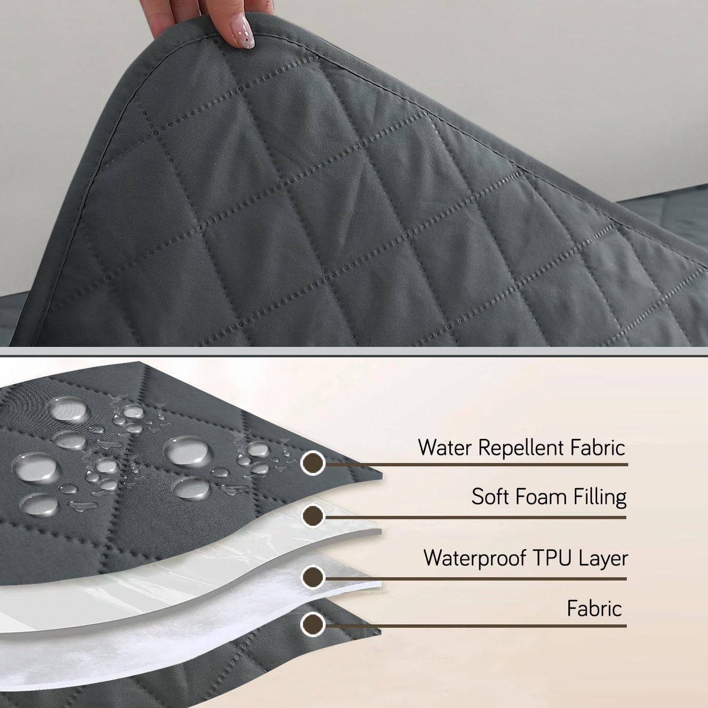 HOKIPO Quilted Waterproof Sofa Seat Mat with 2 Armrest Covers with Pockets, Dark Grey