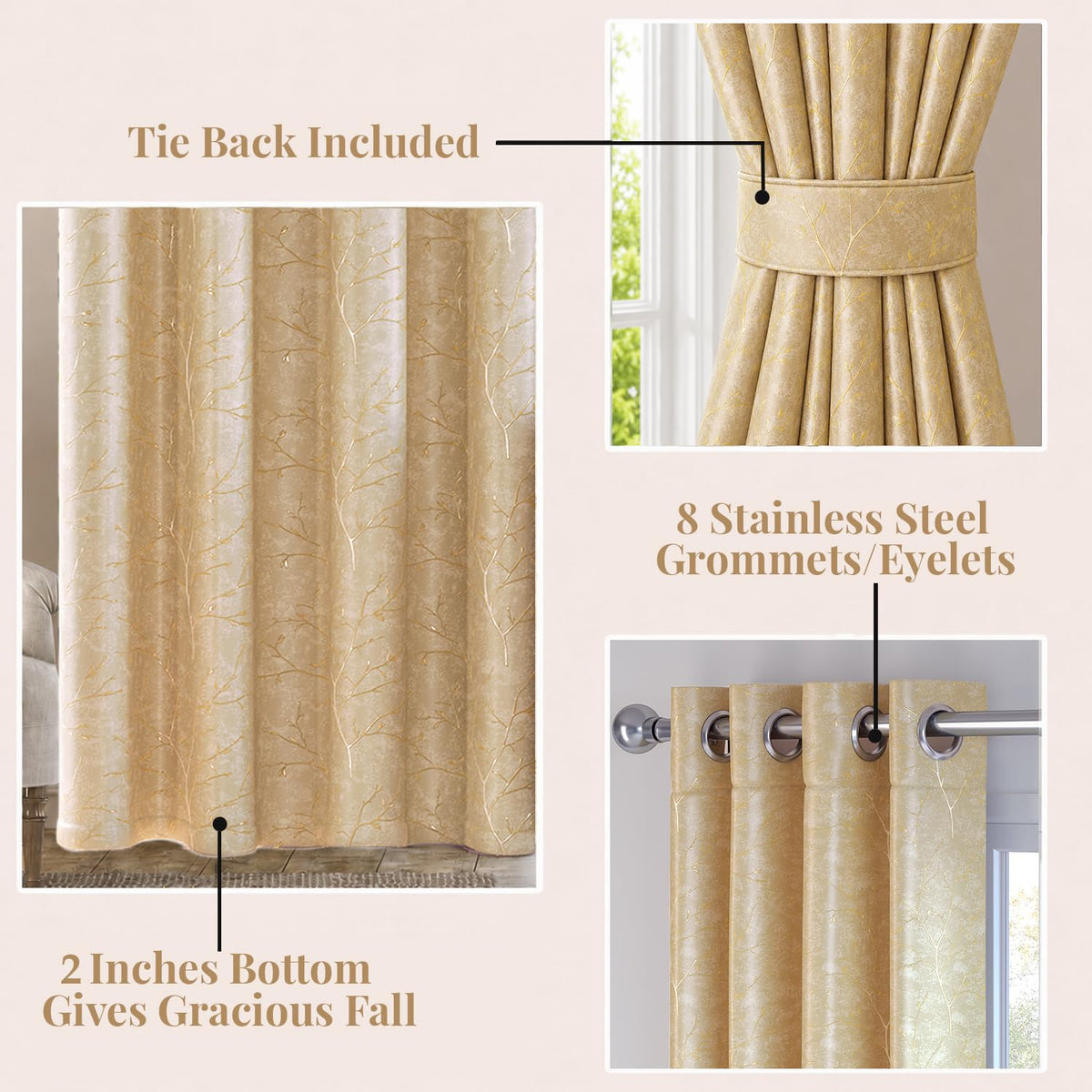 HOKIPO Shimmer Foil Printed Curtains, 7 Feet Long - Gold - image 4