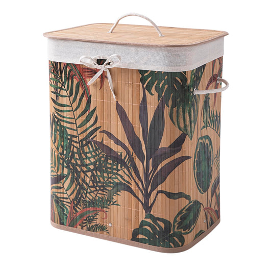 Eco-Friendly Foldable Bamboo Laundry Basket Hamper with Lid, Large - 60 Liter, Ficus Leaves