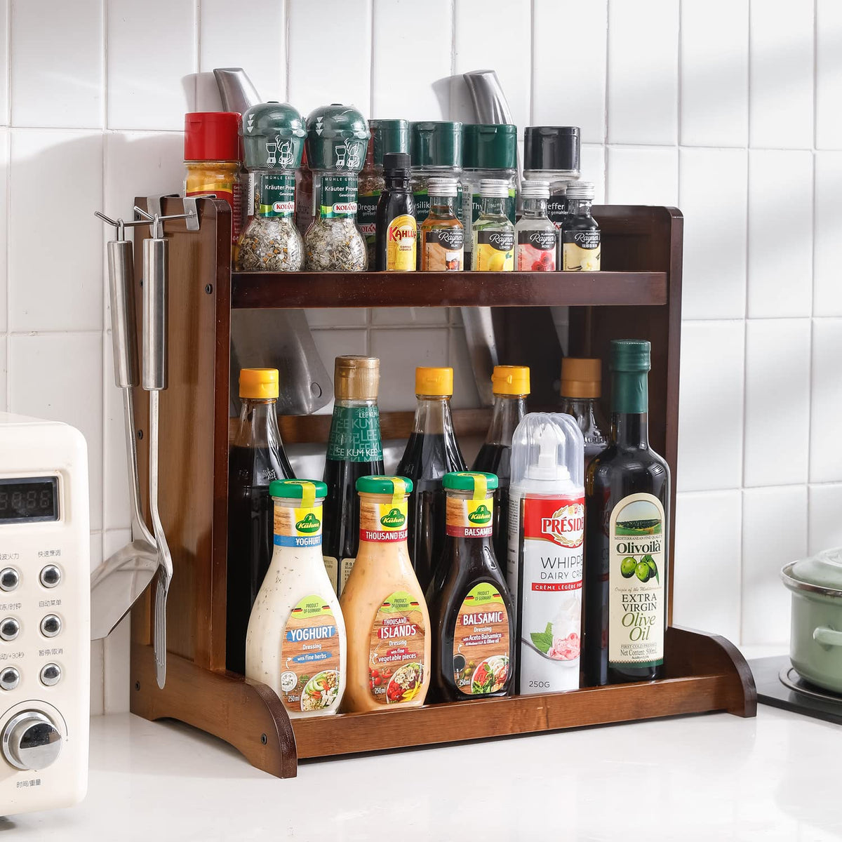 Bamboo 2 Tier Spice Rack Organizer For Tiered Shelf Kitchen Platform Counter Top Rack Storage Shelf Stand