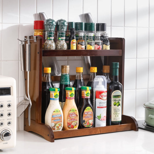 Bamboo 2 Tier Spice Rack Organizer For Tiered Shelf Kitchen Platform Counter Top Rack Storage Shelf Stand