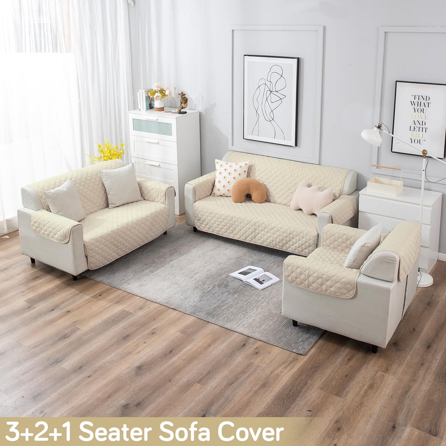 UrbanQuilt Quilted Polyester Sofa Cover Mat Pet Friendly, Cream