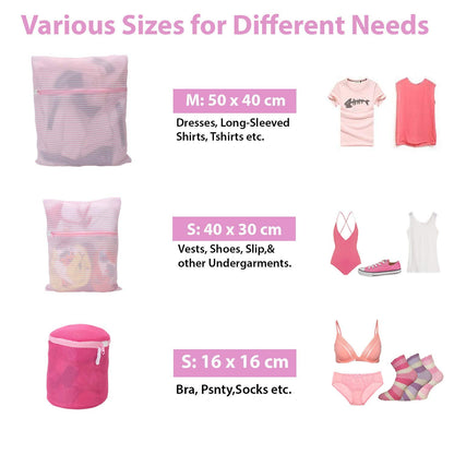 Double Layered Padded Mesh Laundry Clothes Washing Bag, Pack of 3, Pink