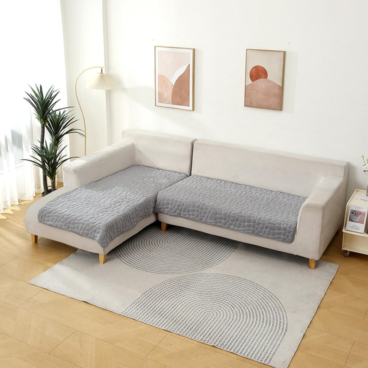 Premium Pebble Milk Velvet Sofa Cover Mat for L Shape Sofa (3+2 Seater), Moon Grey