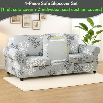 Printed Stretchable Sofa Slipcover with 1/2/3 Pc Separate Seat Cushion Cover for each 1/2/3 Seater, Grey Misty Branches