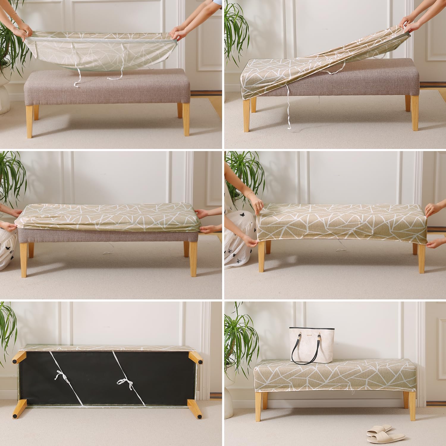 Elastic Printed Dining Bench Stretchable Slipcover, Beige Abstract Geometry