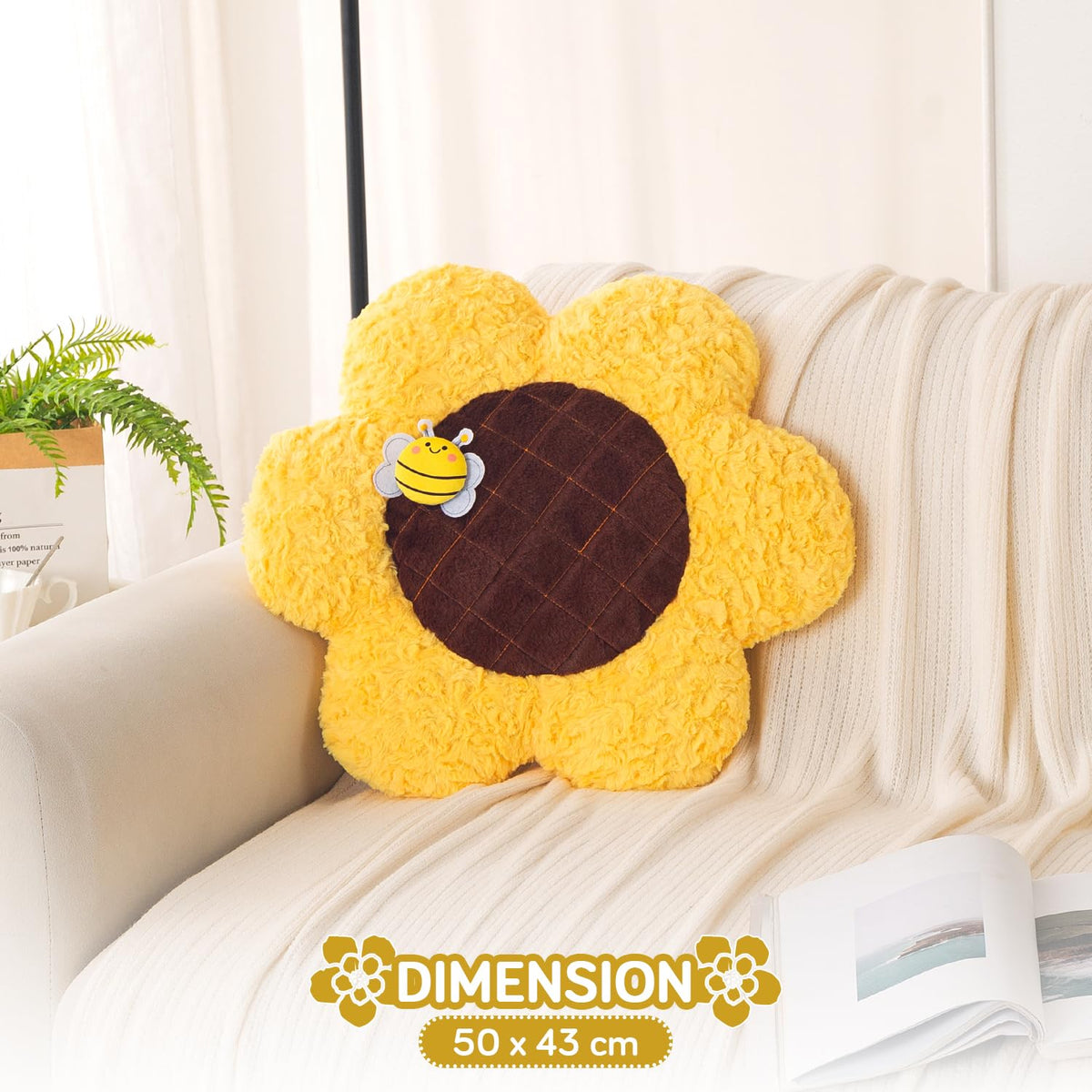 HOKIPO Sunflower Bee Cushion for Sofa & Bed, 50 cm, Yellow