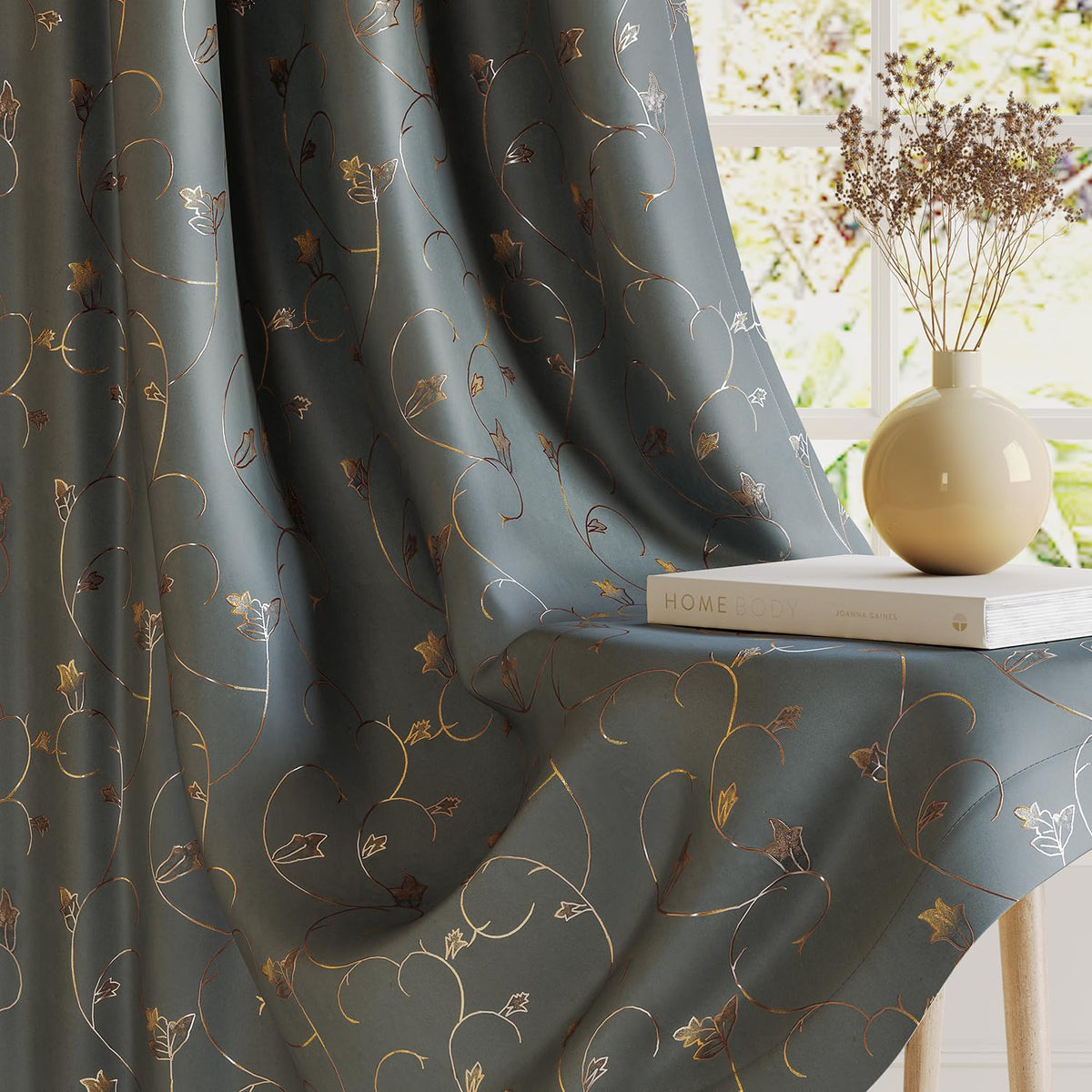 HOKIPO Golden Vine Eyelet Curtains, 7 Feet Long - Steel Grey