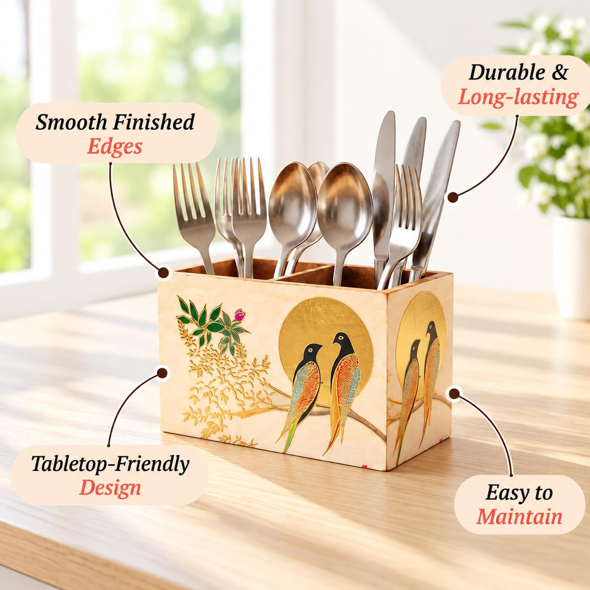 HOKIPO Cutlery Holder for Dining Table, Engineered Wood, Sunhere Parinday - image 7