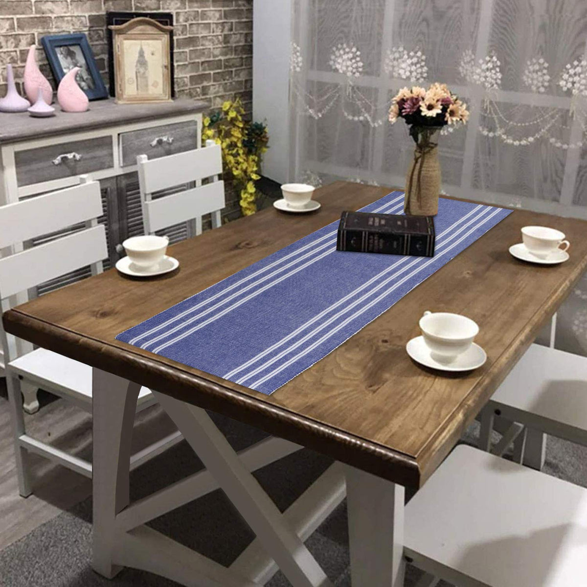 Buy Blue Colour Cotton Ribbed table runner for dining table | HOKIPO
