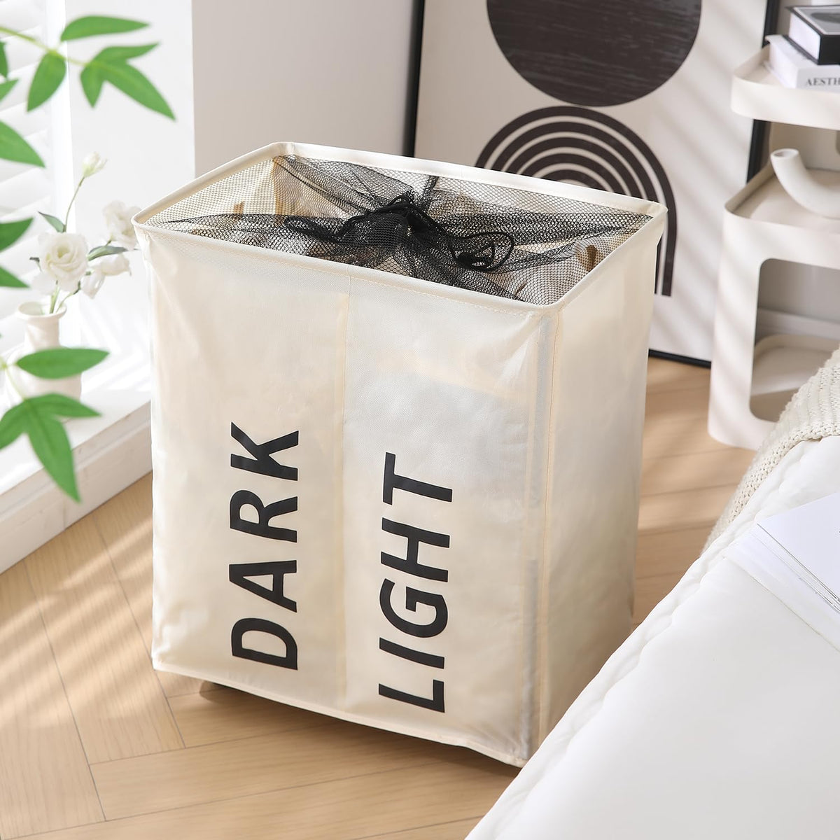 Large Laundry Basket Foldable Hamper With Wheels, Cream