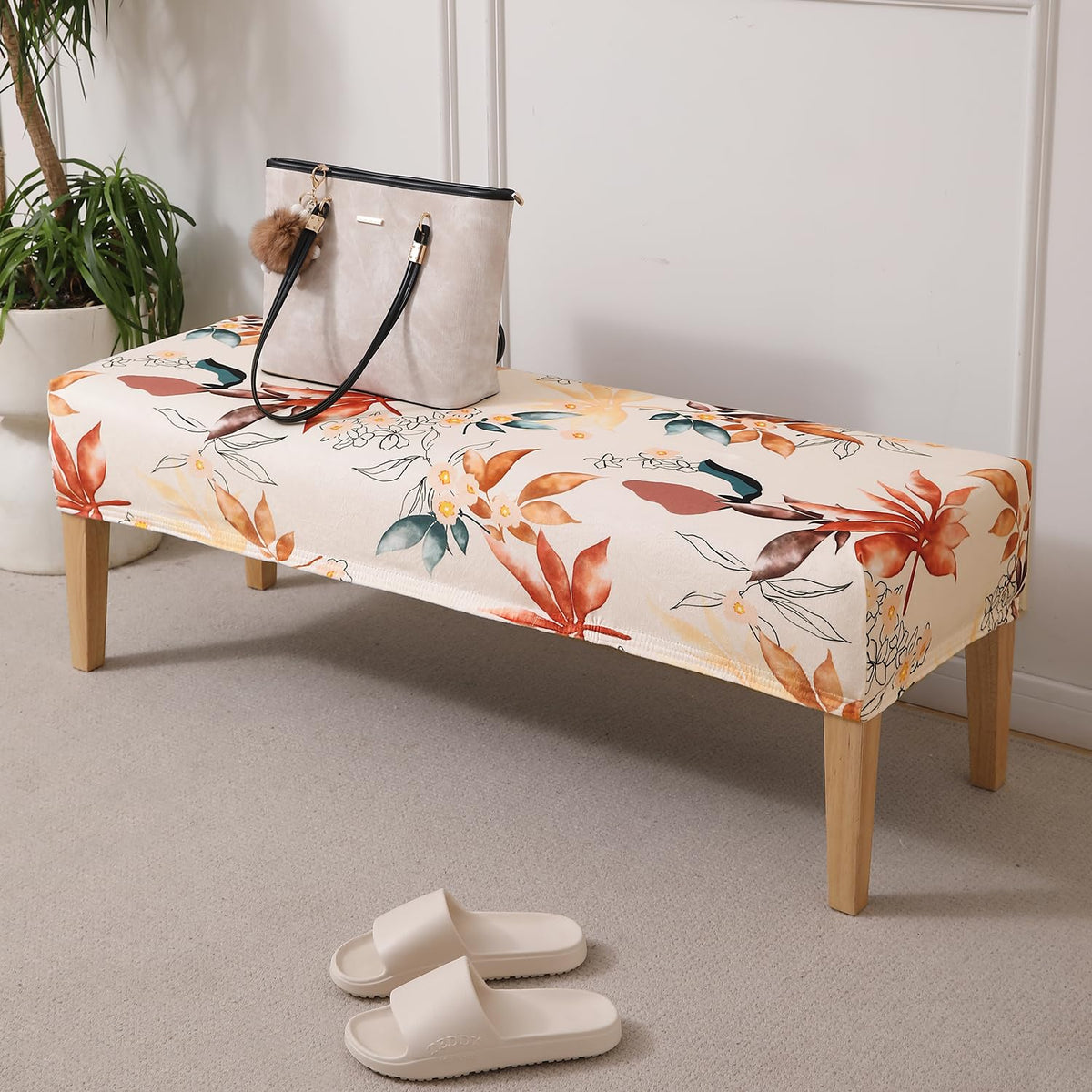 Premium Printed Velvet Elastic Dining Bench Cover, Amber Serene Flora