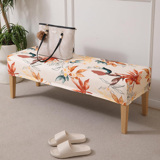 Premium Printed Velvet Elastic Dining Bench Cover, Amber Serene Flora