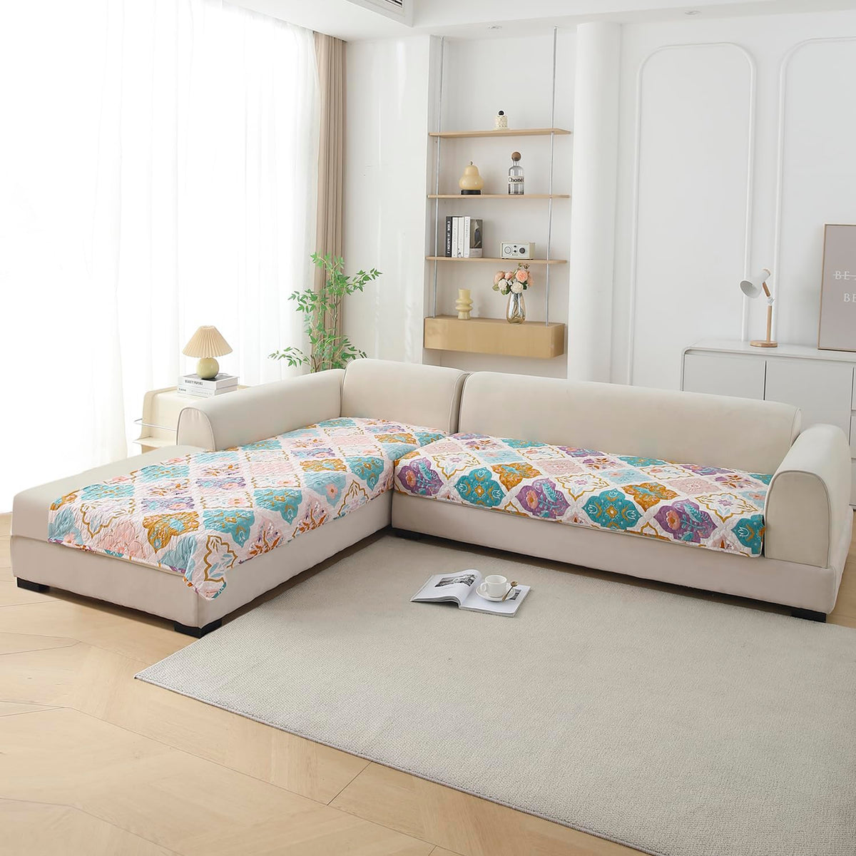 L Shape Sofa Cover Mat for 2+2/3+2/3+3 Seater, Quilted Printed Quatrefoil Multicolor