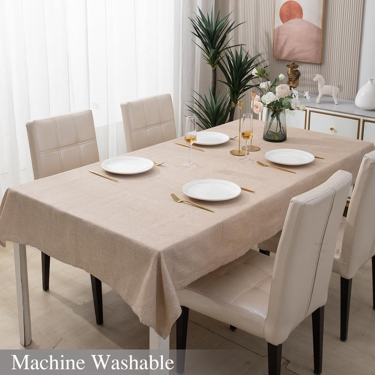 Buy Beige Colour Machine Washable Poly Jute Tablecloth | HOKIPO