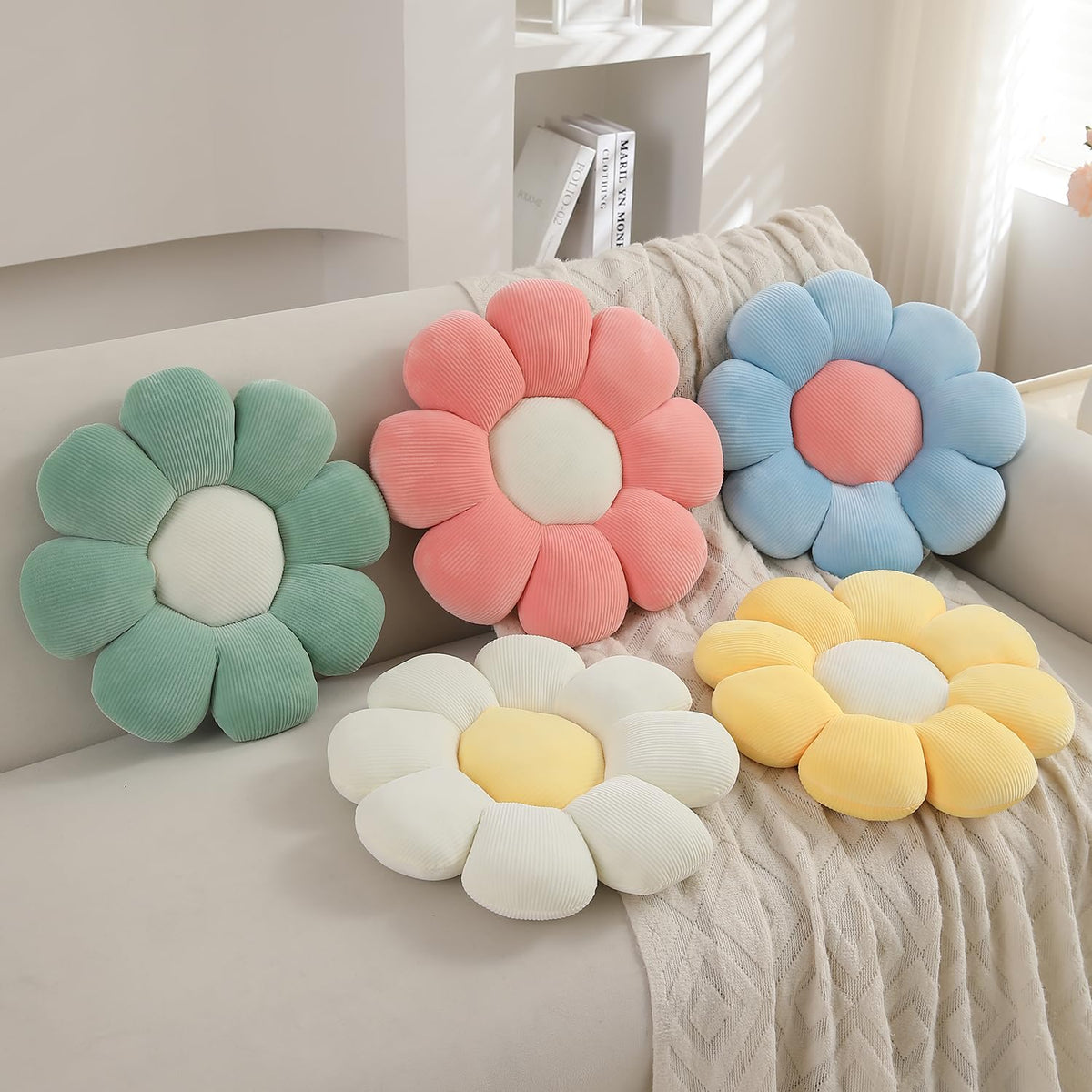 Luxury Flower Plush Decorative Pillow – Ultra-Soft Seating Cushion (42 cm, Soft Blue)