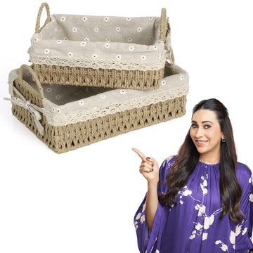 Environmental Friendly Paper Rope Wicker Storage Baskets with Handle, Pack of 2, Beige