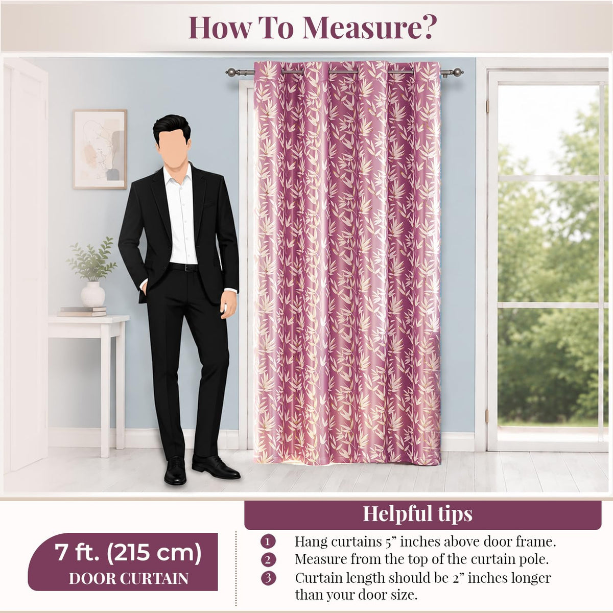 HOKIPO Luxe Foliage Foil Printed Curtains, 7 Feet Long - Onion Pink - image 8