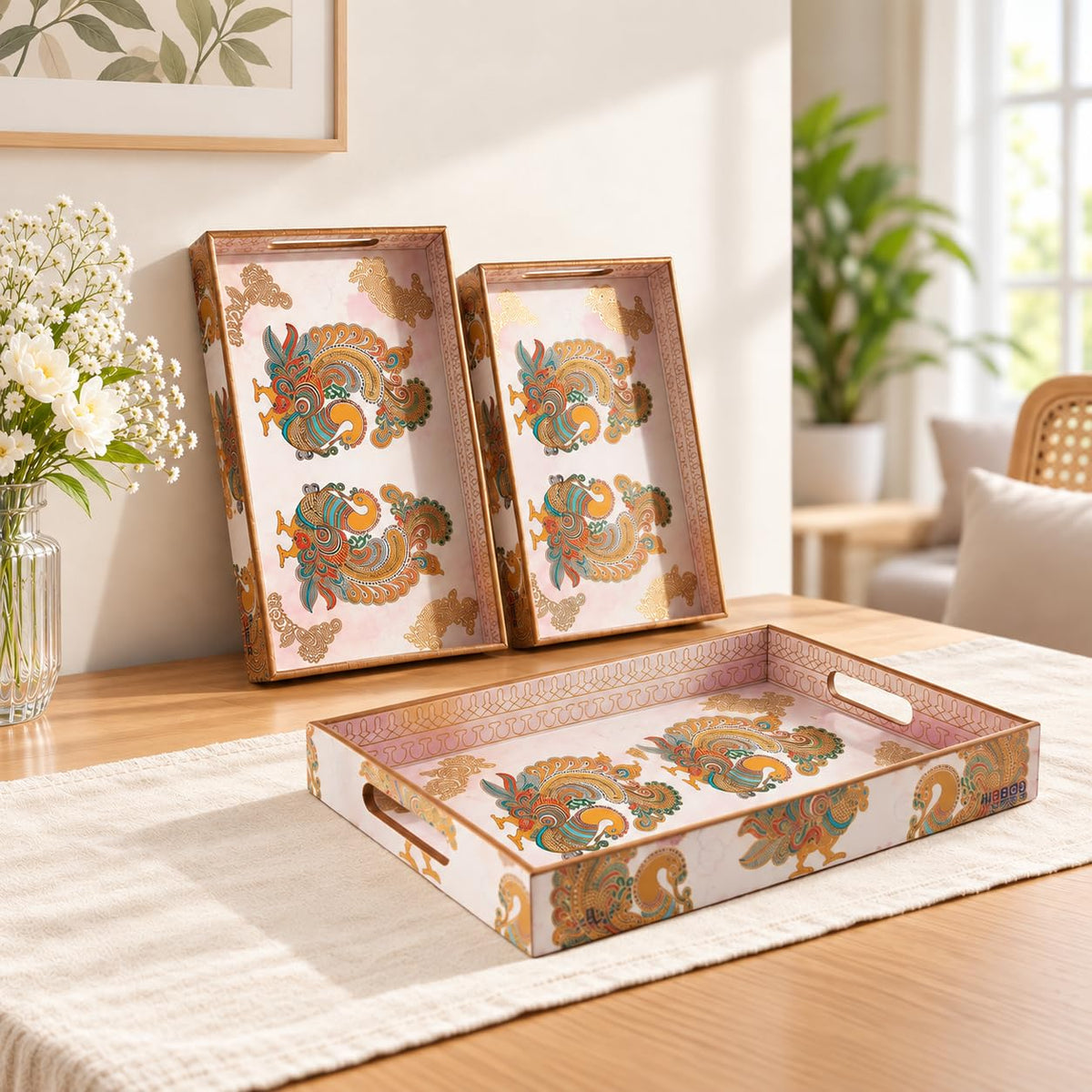 HOKIPO Serving Tray Set of 3, Engineered Wood, Shahi Gulnaar - image 13