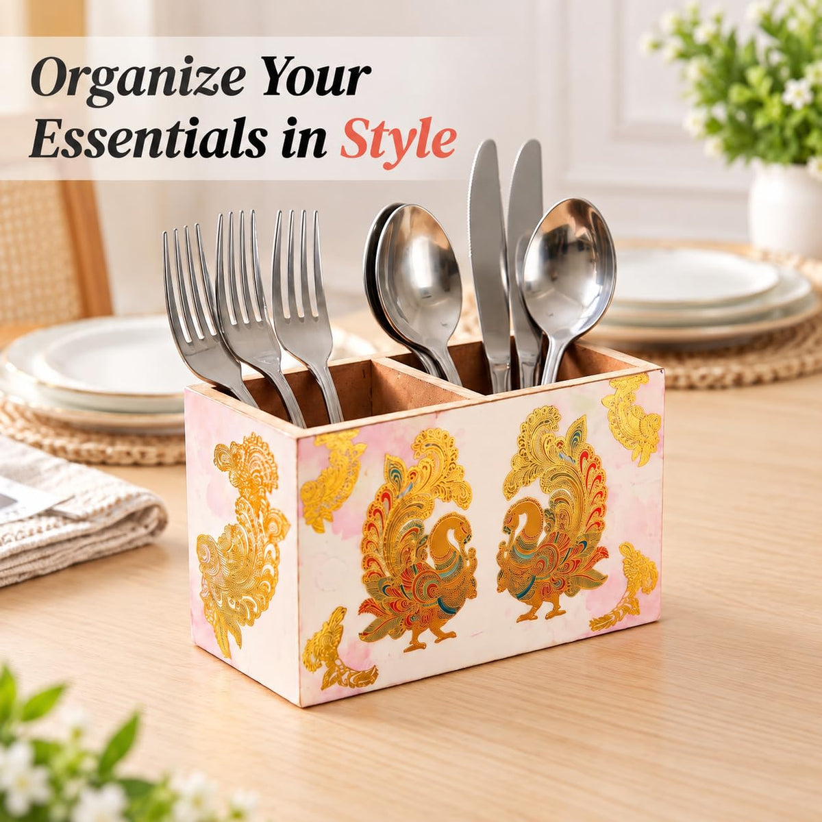HOKIPO Cutlery Holder for Dining Table, Engineered Wood, Mayur Mahal - image 2