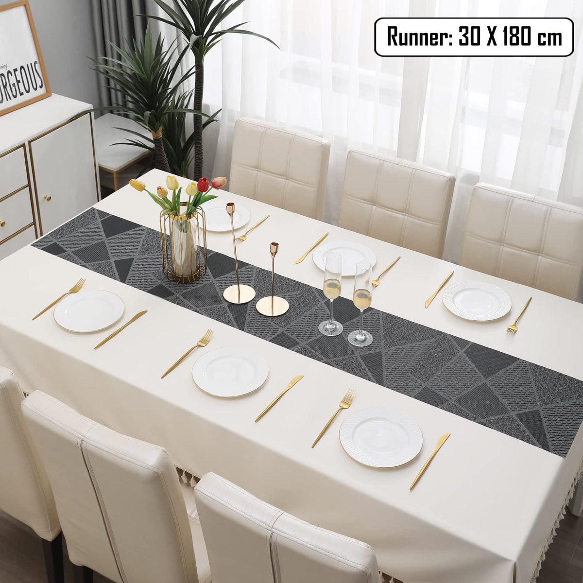 Buy Abstract Black Colour PVC Table Runner for 6 Seater (30x180cm) | HOKIPO