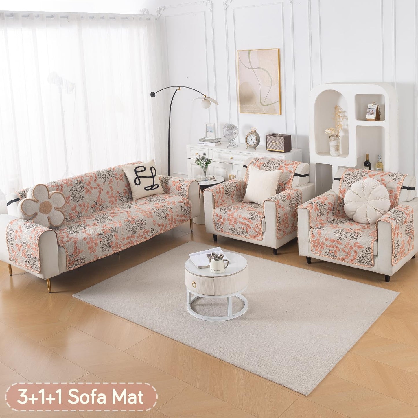 Easy Drape Reversible Quilted 5-Seater Sofa Cover (3+1+1), Peach Leaves