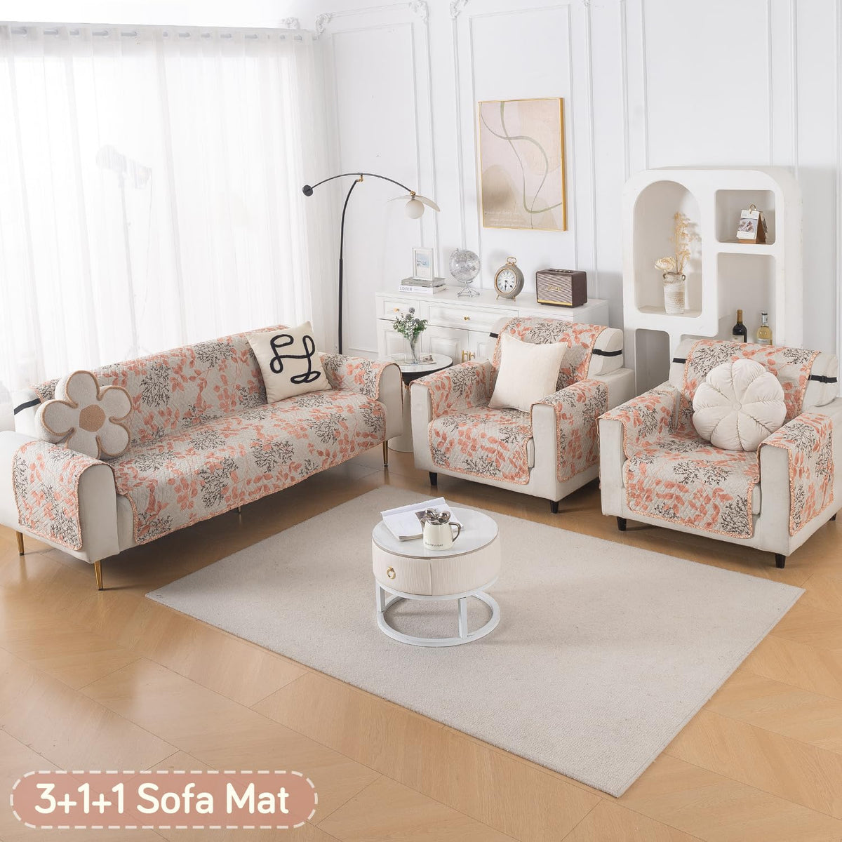 Easy Drape Reversible Quilted 5-Seater Sofa Cover (3+1+1), Peach Leaves
