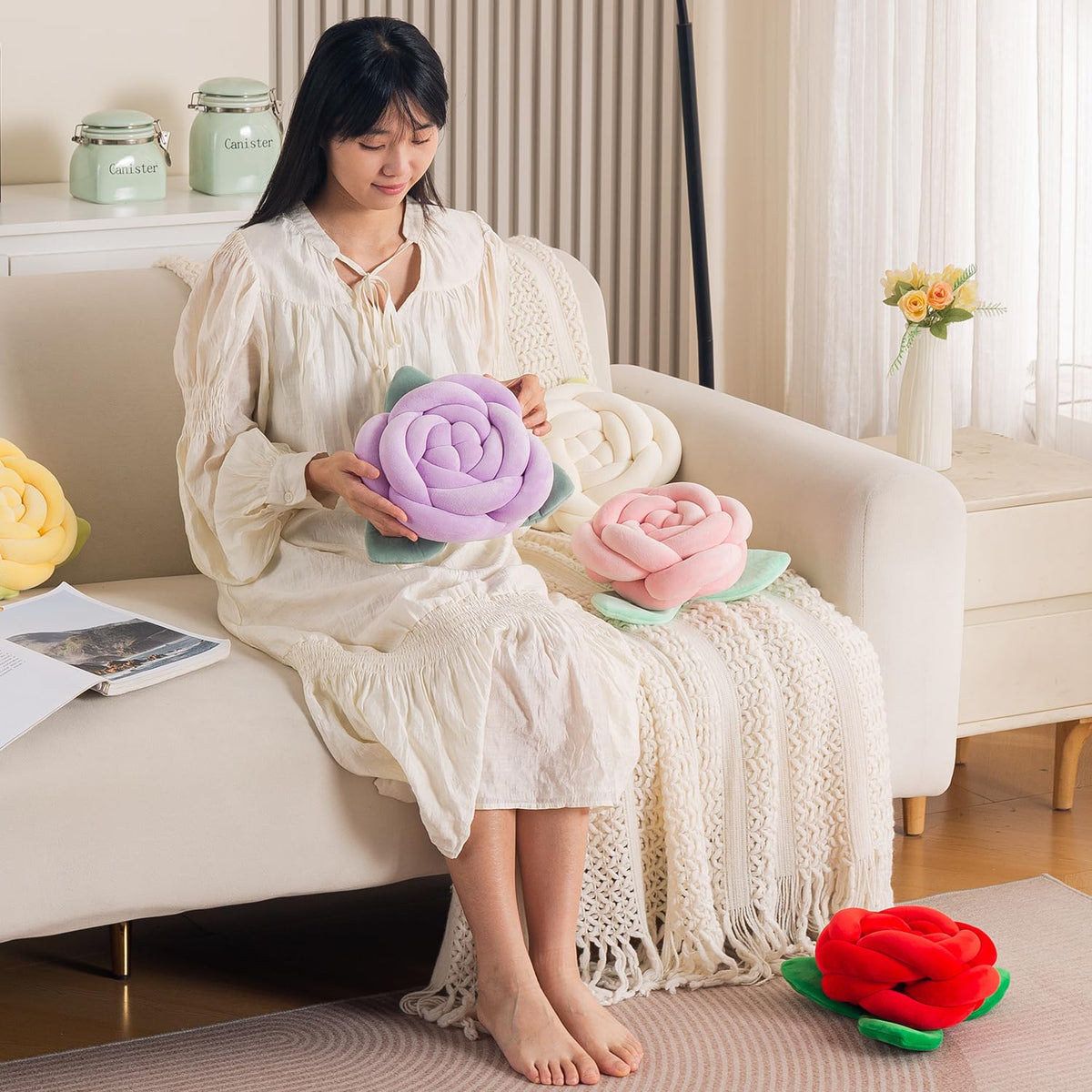 HOKIPO Rose Flower Shaped Cushion for Sofa & Bed, 22 cm, Red