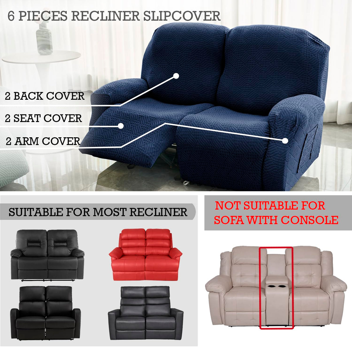 Buy Navy Blue Colour Jacquard 6 Pieces Recliner Slipcover | HOKIPO