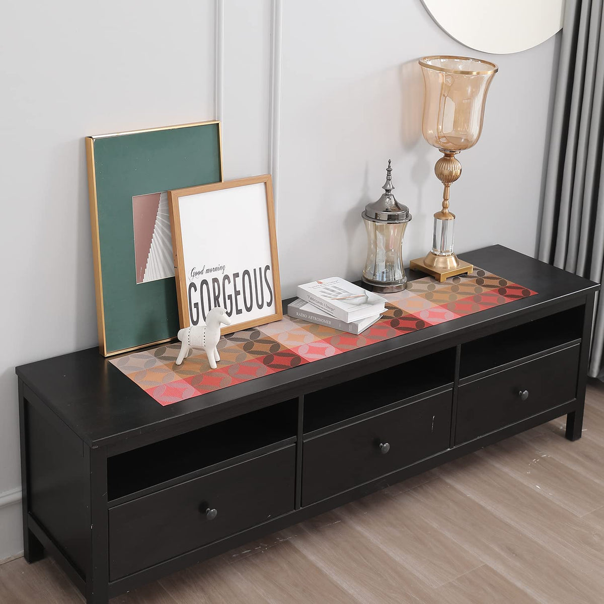 Buy Geometric Red Colour PVC Side Tables Runner | HOKIPO
