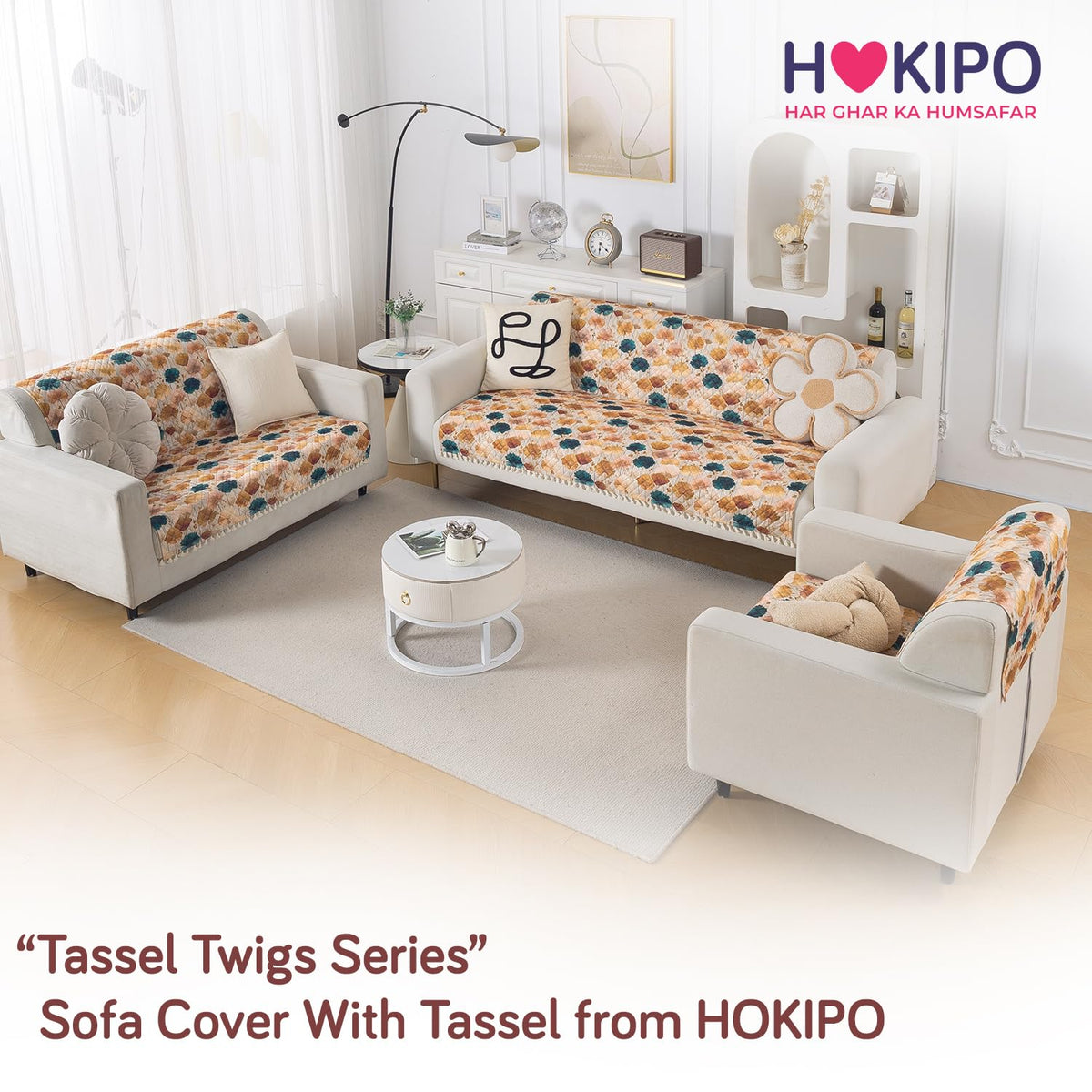 Quilted Sofa Cover 5-Seater Sofa Cover (3+1+1), Tassel Twigs | Boho Wildflower