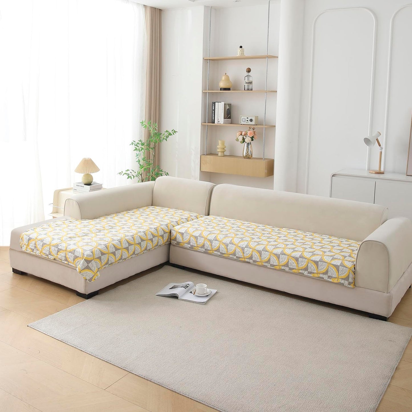 Quilted Printed L Shape Sofa Cover Mat for 2+2/3+2/3+3 Seater, Windmill Cyber Yellow