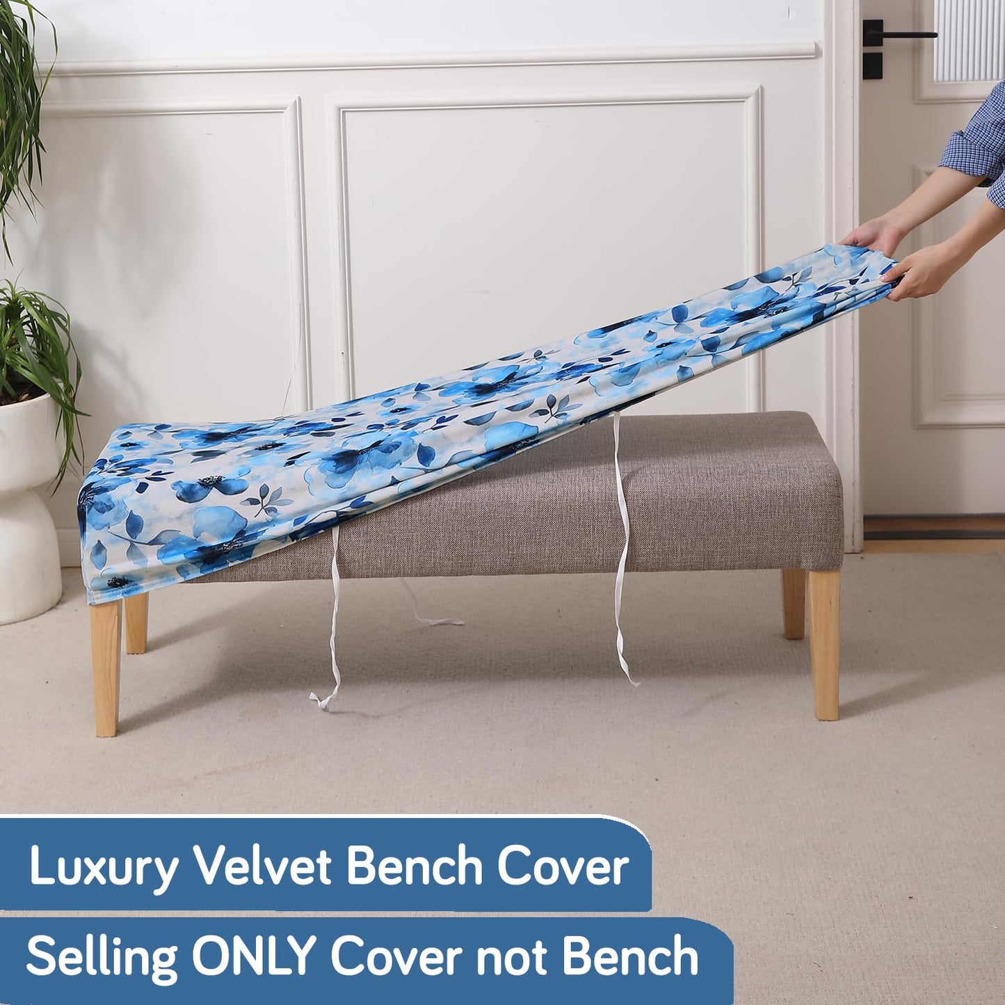 Premium Printed Velvet Elastic Dining Bench Cover, Blue Azure Botanical