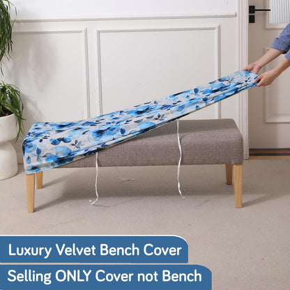 Premium Printed Velvet Elastic Dining Bench Cover, Blue Azure Botanical