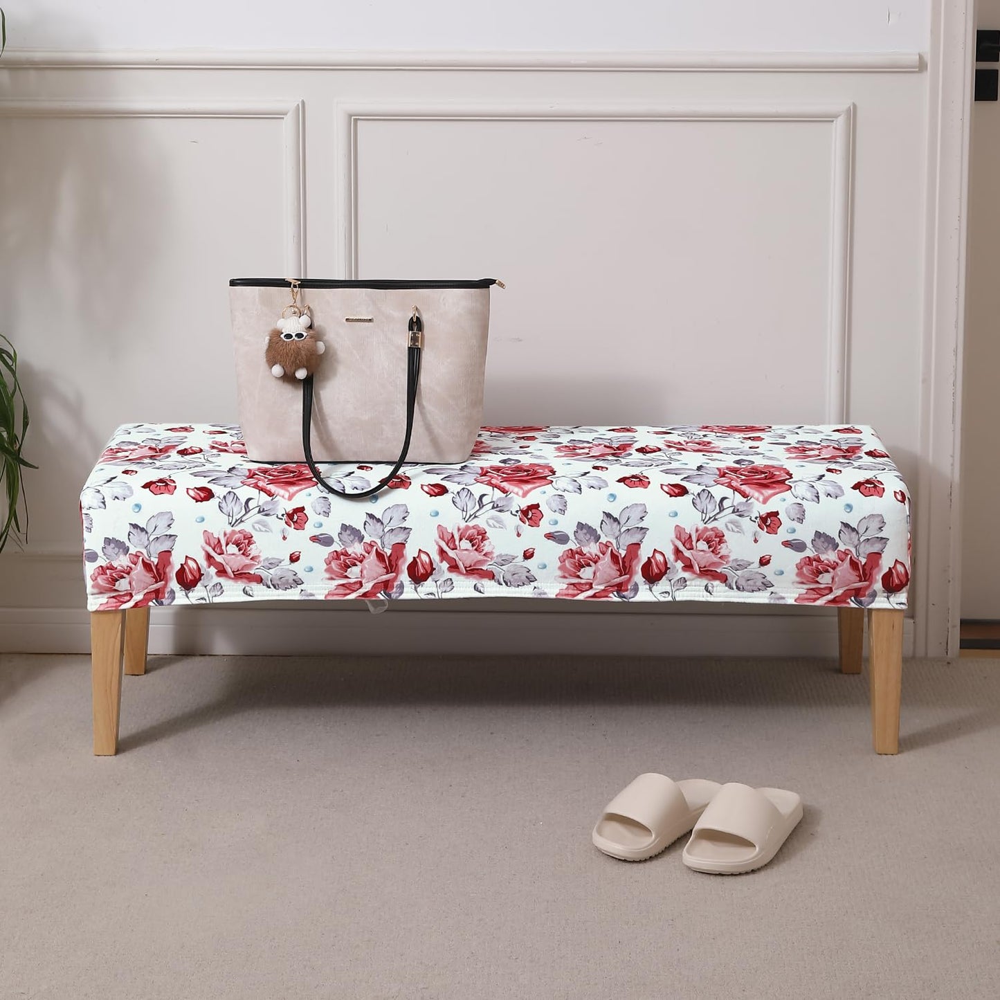 Premium Printed Velvet Stretchable Dining Bench Slipcover, Red Cottage Rose