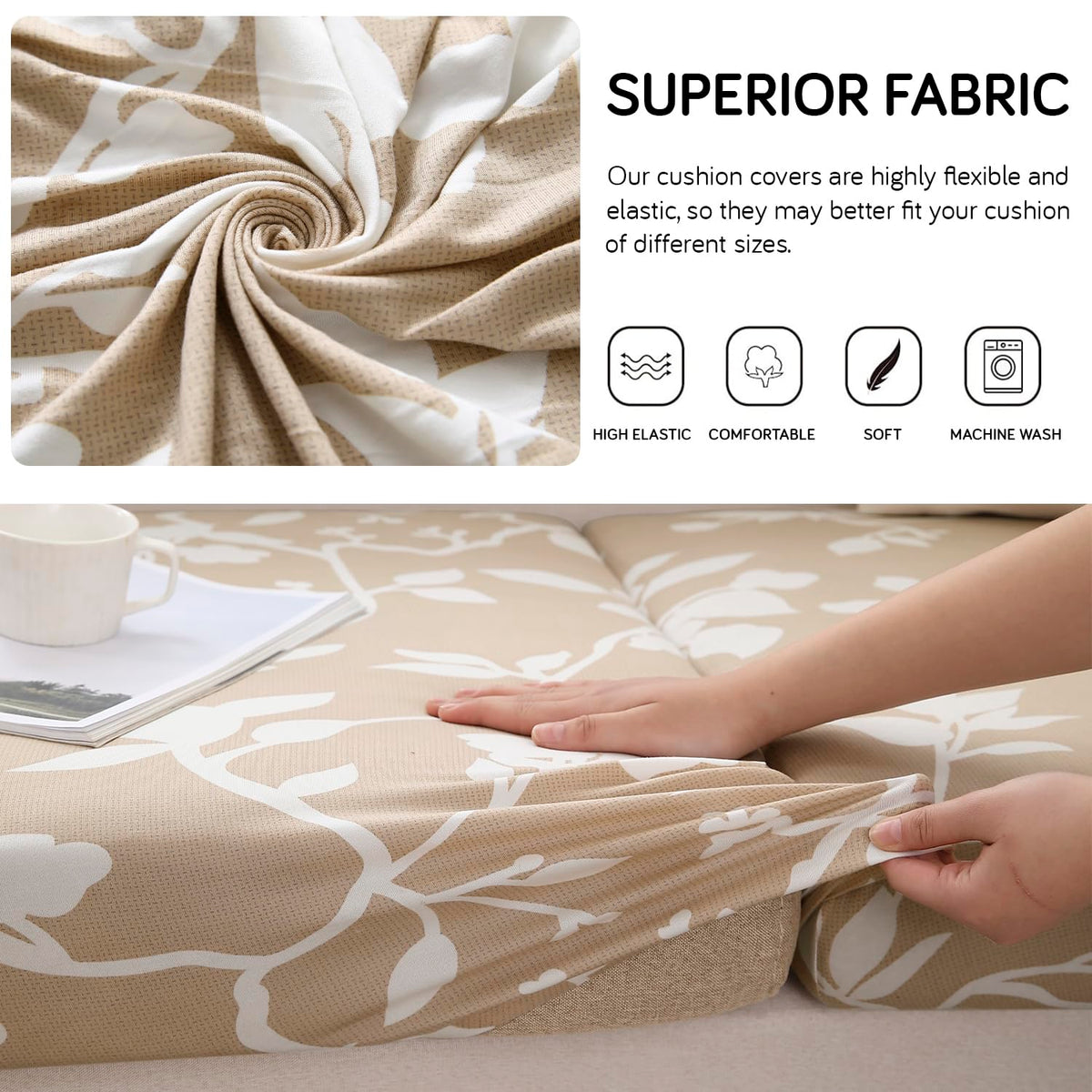 140 GSM Stretchable Printed Elastic Sofa Cushion Seat Cover for 1 /2 /3 Seaters / Pieces for Sofa, Buff Brown Sillehoute Floral