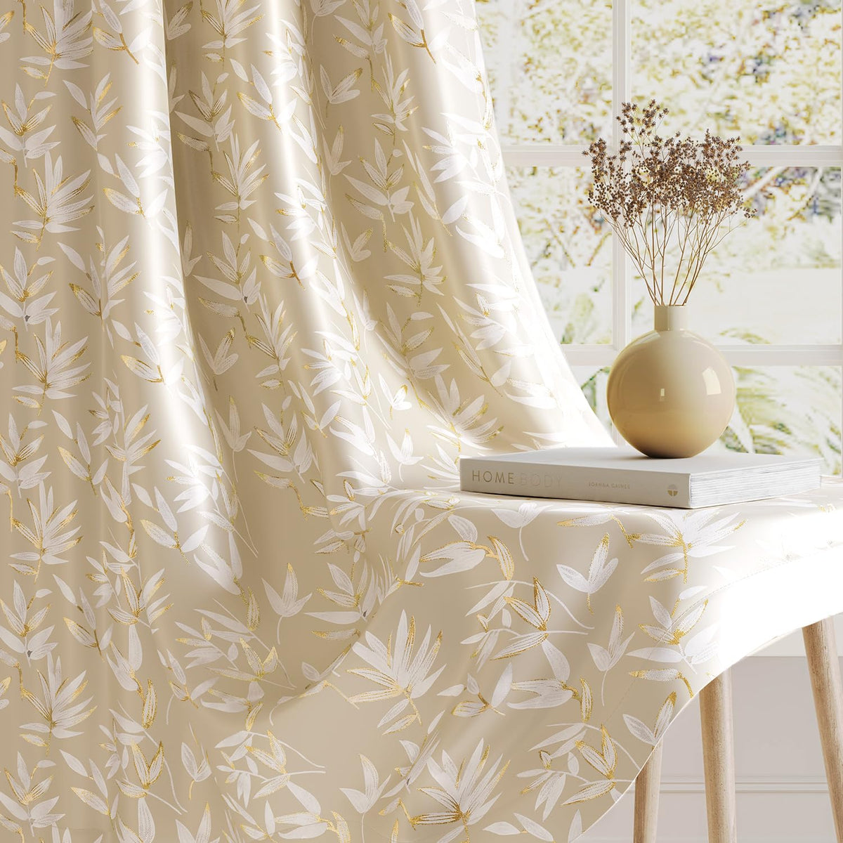 HOKIPO Luxe Foliage Foil Printed Curtains, 7 Feet Long - Cream