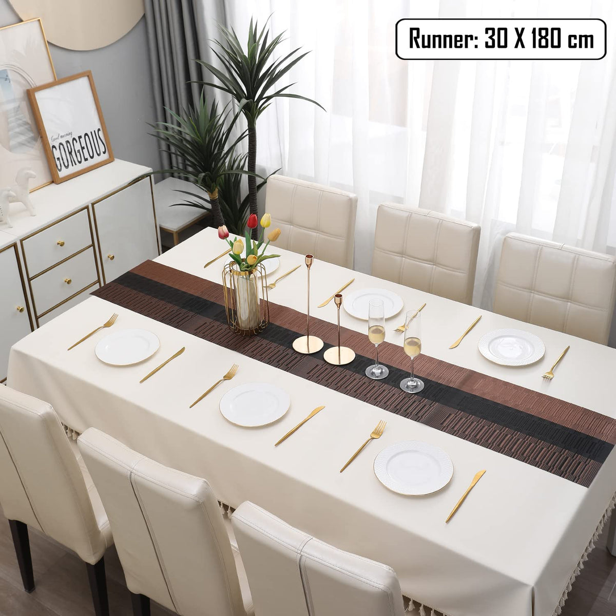 Buy Metallic Brown Colour PVC Dining Table Runner for 6 Seater Tables | HOKIPO