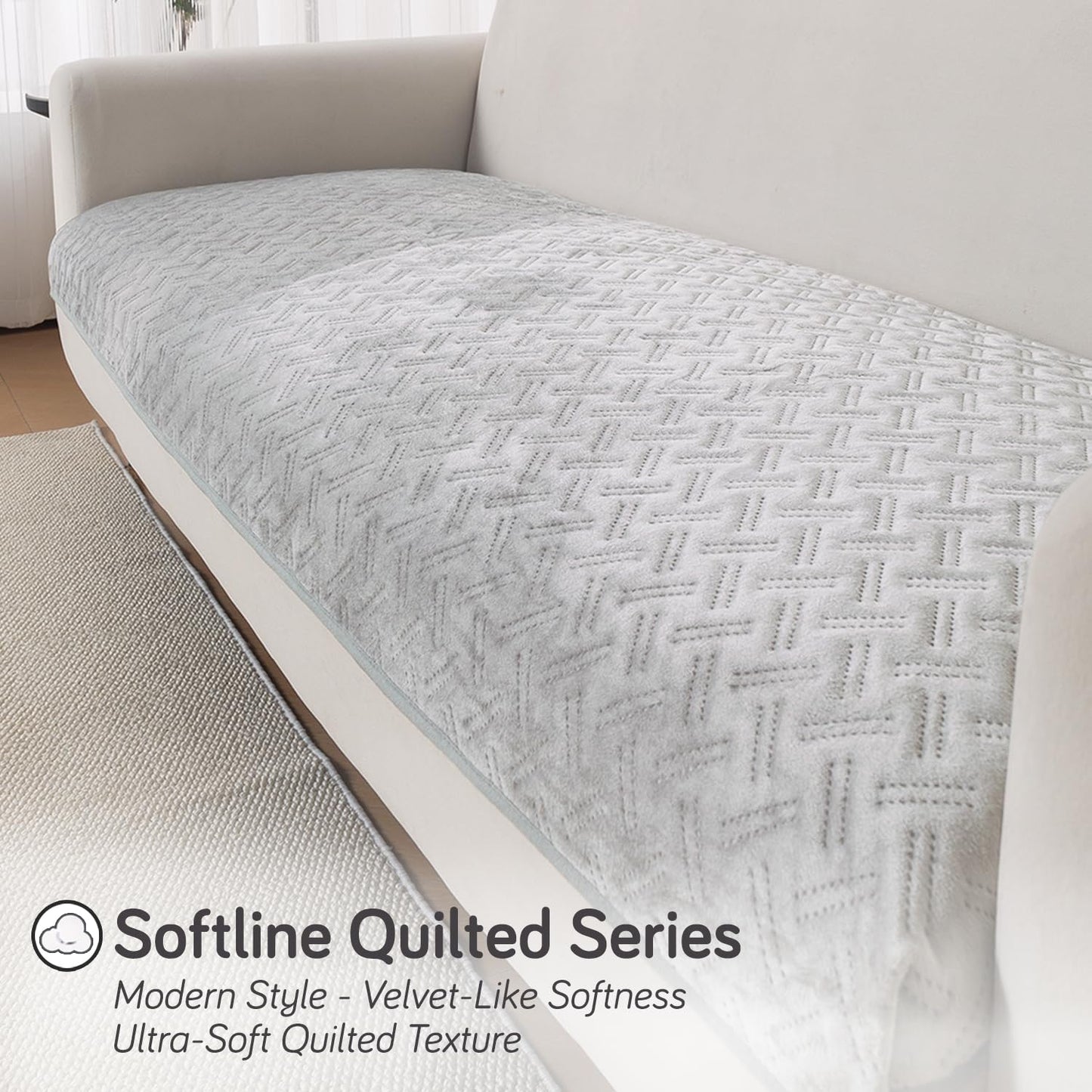 Premium Velvety Quilted Softline 5-Seater Sofa Cover (3+1+1), Ice Grey