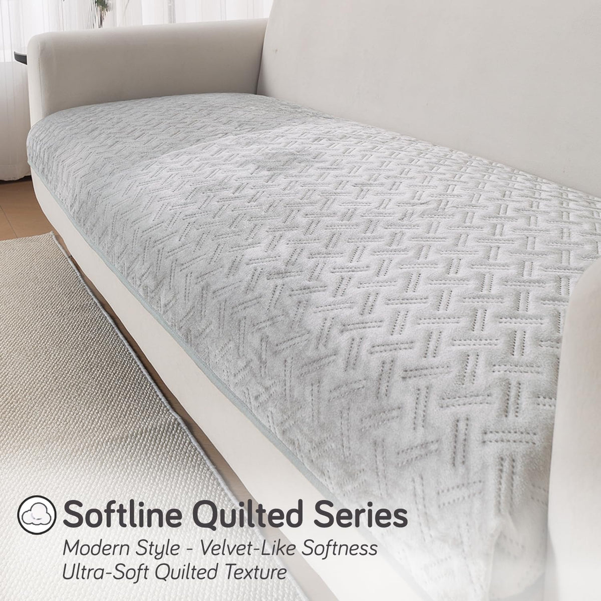 Premium Velvety Quilted Softline 5-Seater Sofa Cover (3+1+1), Ice Grey
