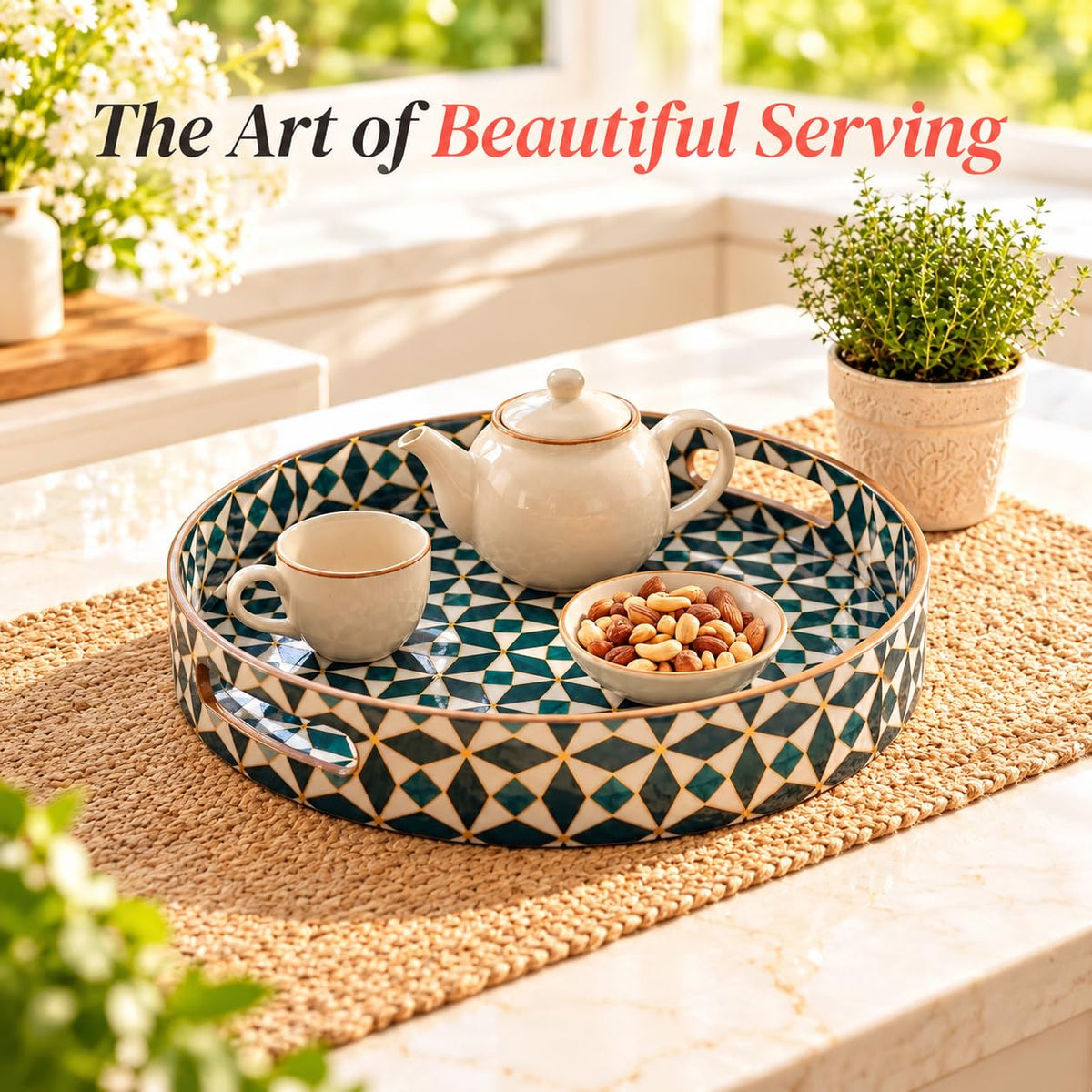 HOKIPO Round Serving Tray 12 in, Engineered Wood, Moroccan Prism - image 3